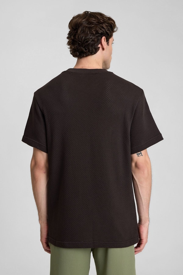Mısırlı Erkek Jakarlı Pamuk Bisiklet Yaka OVERSİZE T-shirt Koyu Kahverengi