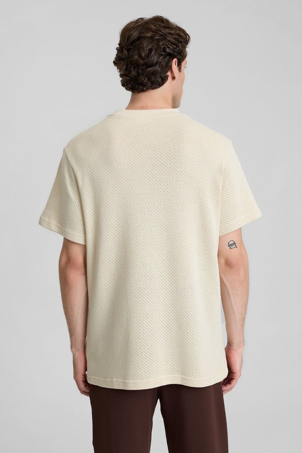 Mısırlı Erkek Jakarlı Pamuk Bisiklet Yaka OVERSİZE T-shirt Bej