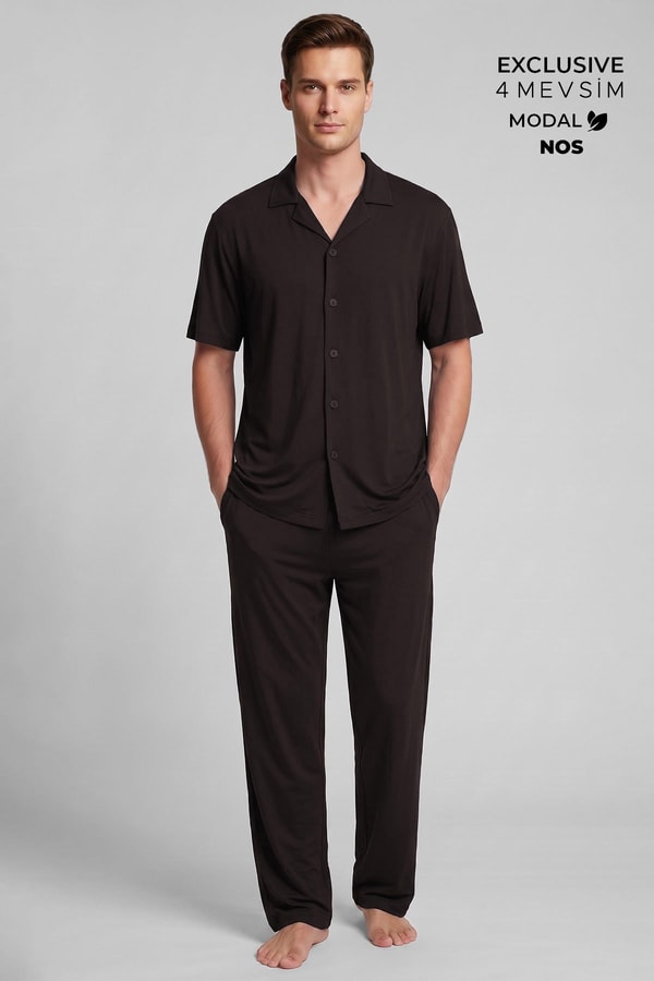 Mısırlı Erkek Modal Karışımlı Düğmeli Pijama Takım Koyu Kahverengi