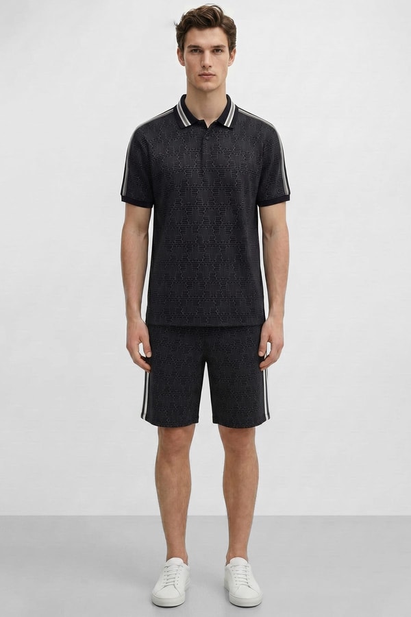 Mısırlı Erkek Monogram Tiktak Detaylı Polo Yaka T-shirt Siyah
