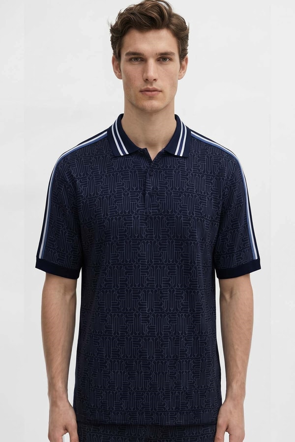 Mısırlı Erkek Monogram Tiktak Detaylı Polo Yaka T-shirt Lacivert