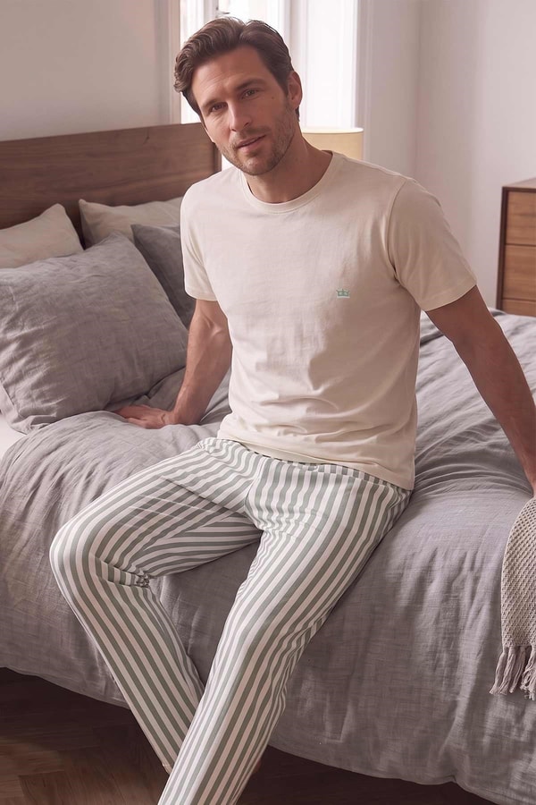 Mısırlı Erkek Pamuk Çizgili Pijama Takım Beyaz-Yeşil
