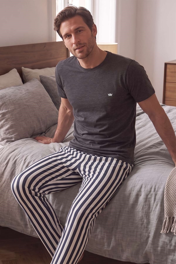 Mısırlı Erkek Pamuk Çizgili Pijama Takım Antrasit