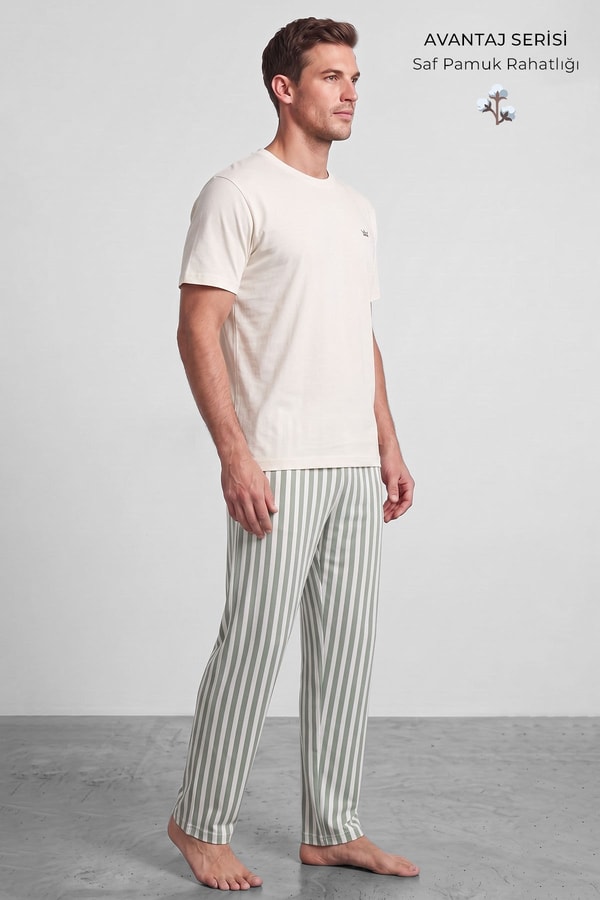 Mısırlı Erkek Pamuk Çizgili Pijama Takım Beyaz-Yeşil