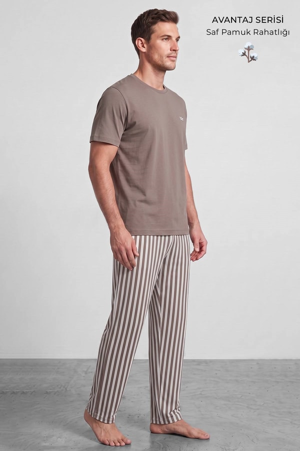 Mısırlı Erkek Pamuk Çizgili Pijama Takım Vizon