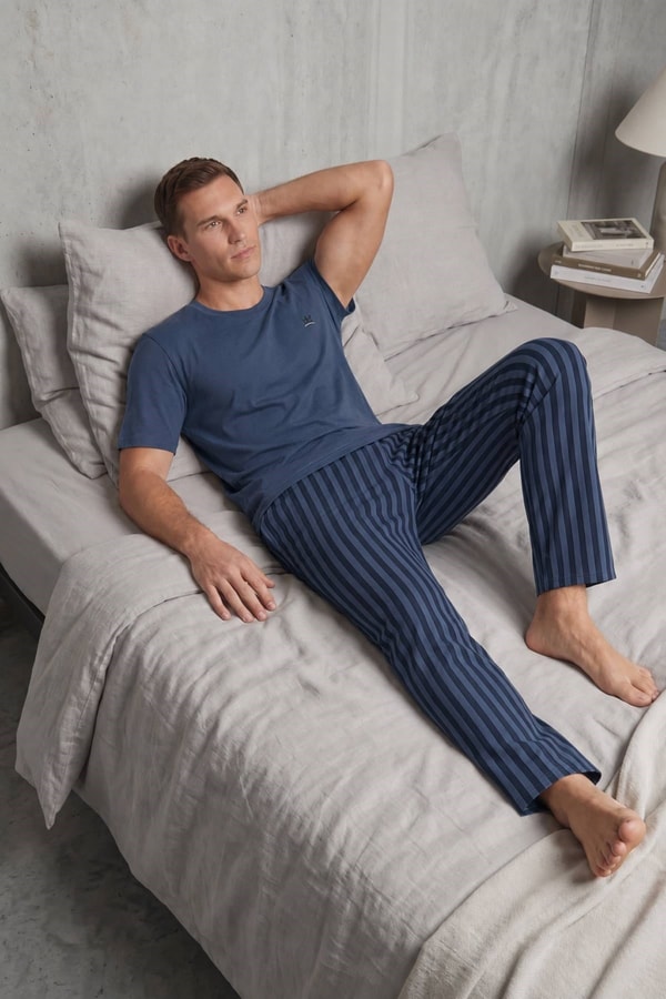 Mısırlı Erkek Pamuk Çizgili Pijama Takım Koyu Lacivert