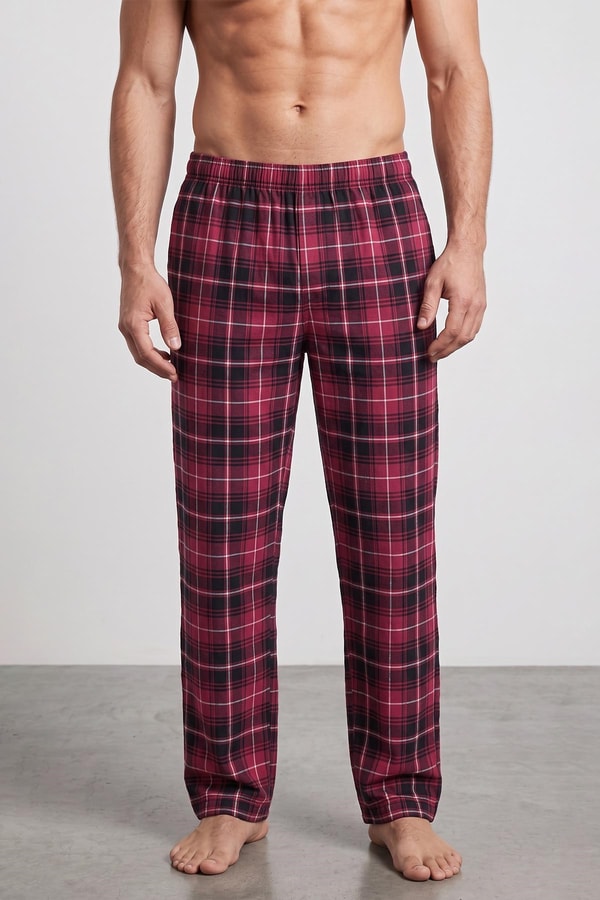 Mısırlı Erkek Pamuk Ekoseli Alt Pijama Açık Kırmızıı