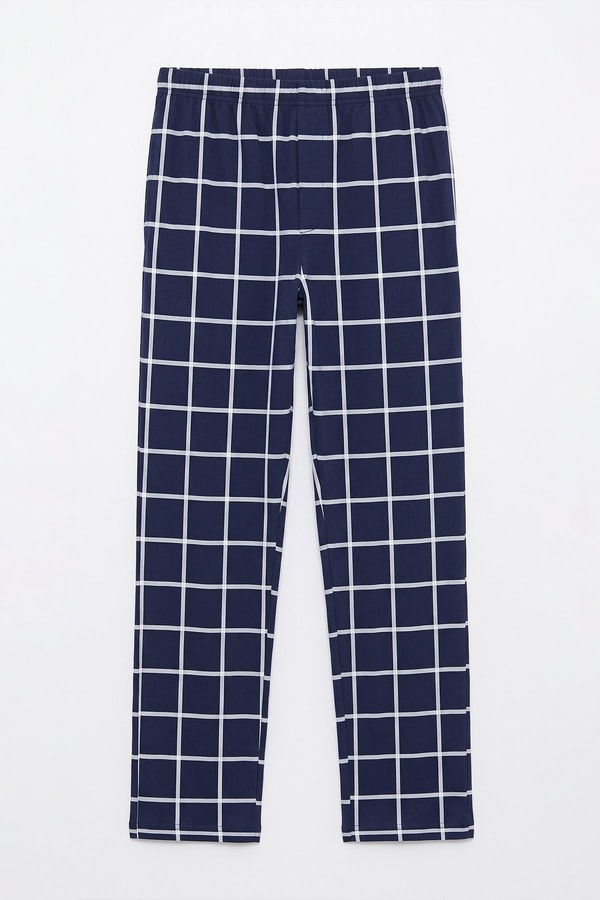 Mısırlı Erkek Pamuk İnce Ekoseli Alt  Pijama Açık Lacivert