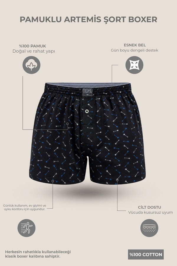 Mısırlı Erkek Pamuk Köşe Üçgen Relax Fit Boxer Ok Desenli/Siyah