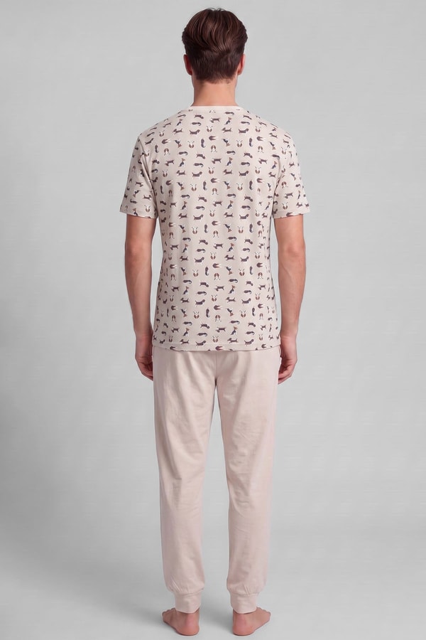 Mısırlı Erkek Pamuklu Animal Desenli Pijama Takım Açık Bej