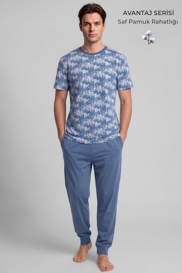 Mısırlı Erkek Pamuklu Animal Desenli Pijama Takım Mavi