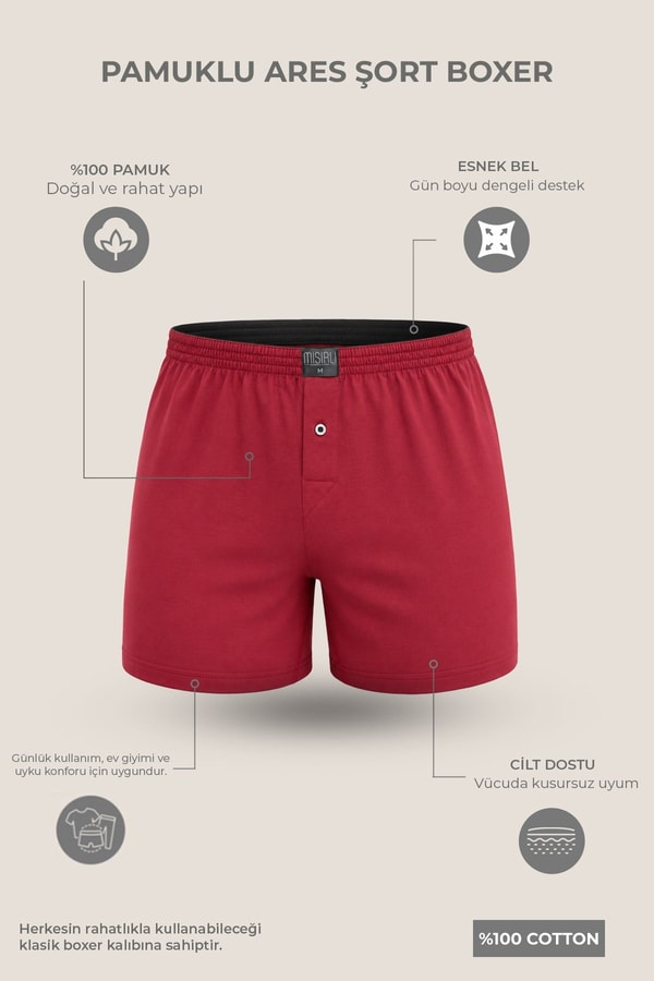 Mısırlı Erkek Pamuklu Ares Şort  Boxer Bordo