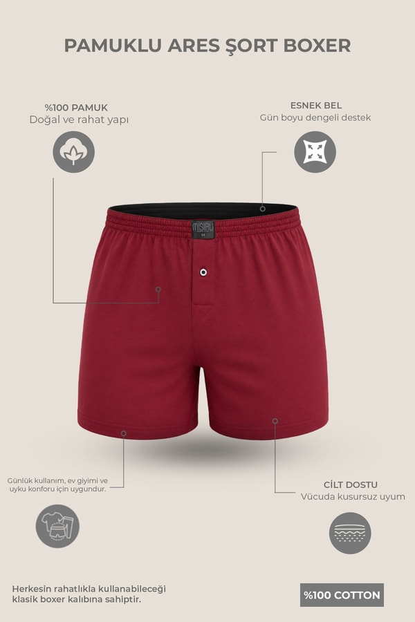 Mısırlı Erkek Pamuklu Ares Şort  Boxer Bordo