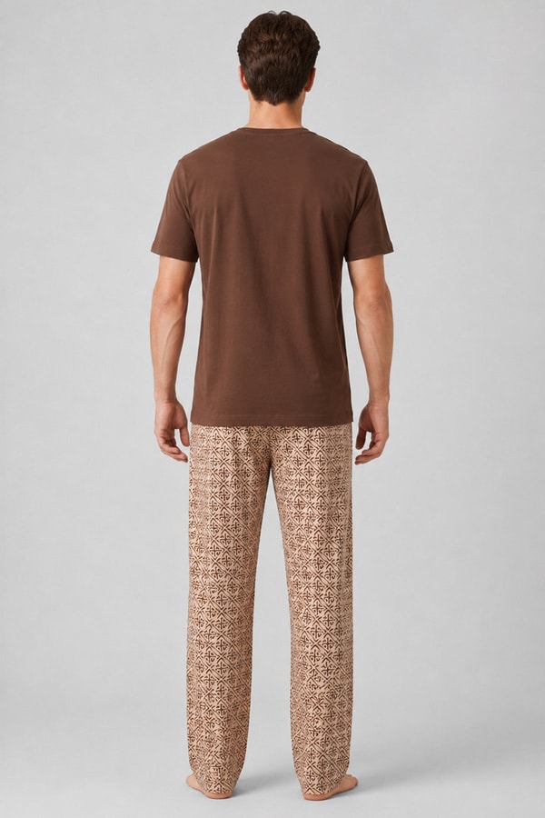 Mısırlı Erkek Pamuklu Bisiklet Yaka Düğmeli Pijama Takım Kahve/Bej