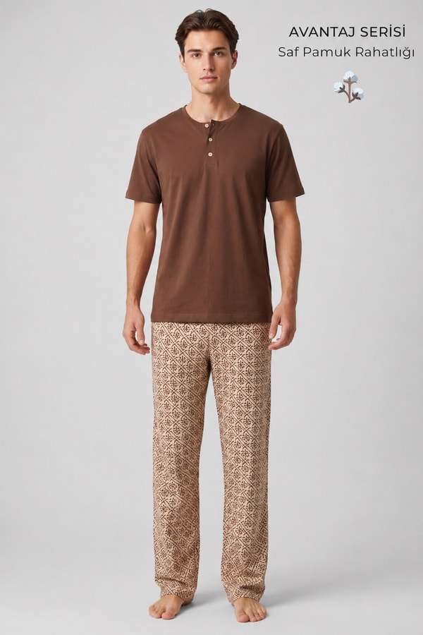 Mısırlı Erkek Pamuklu Bisiklet Yaka Düğmeli Pijama Takım Kahve/Bej