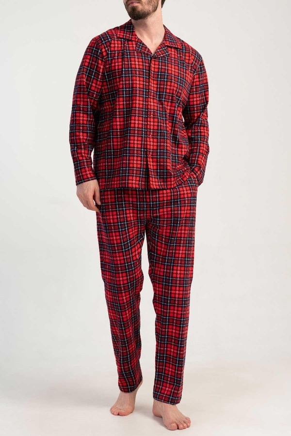 Mısırlı Erkek Pamuklu Ekoseli Uzun Kollu Gömlek Pijama Takımı Kırmızı
