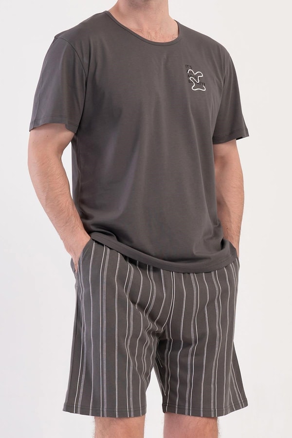 Mısırlı Erkek Pamuklu Kısa Kollu Şort Pijama Takımı Füme