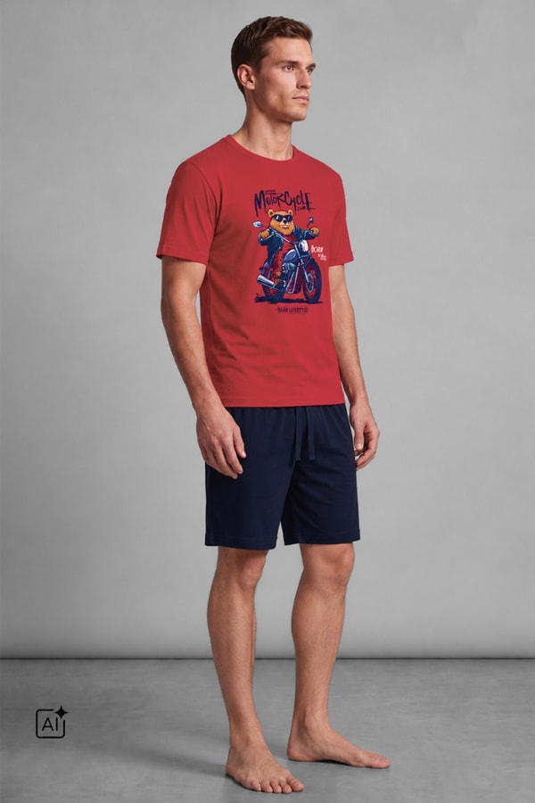 Mısırlı Erkek Pamuklu Kısa Kollu Şort Pijama Takımı Kırmızı