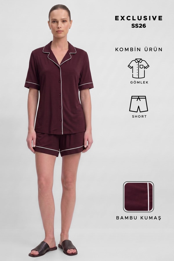 Mısırlı Kadın Bambu Pijama Gömlek Sort Takım Bordo
