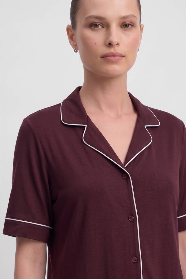 Mısırlı Kadın Bambu Pijama Gömlek Sort Takım Bordo