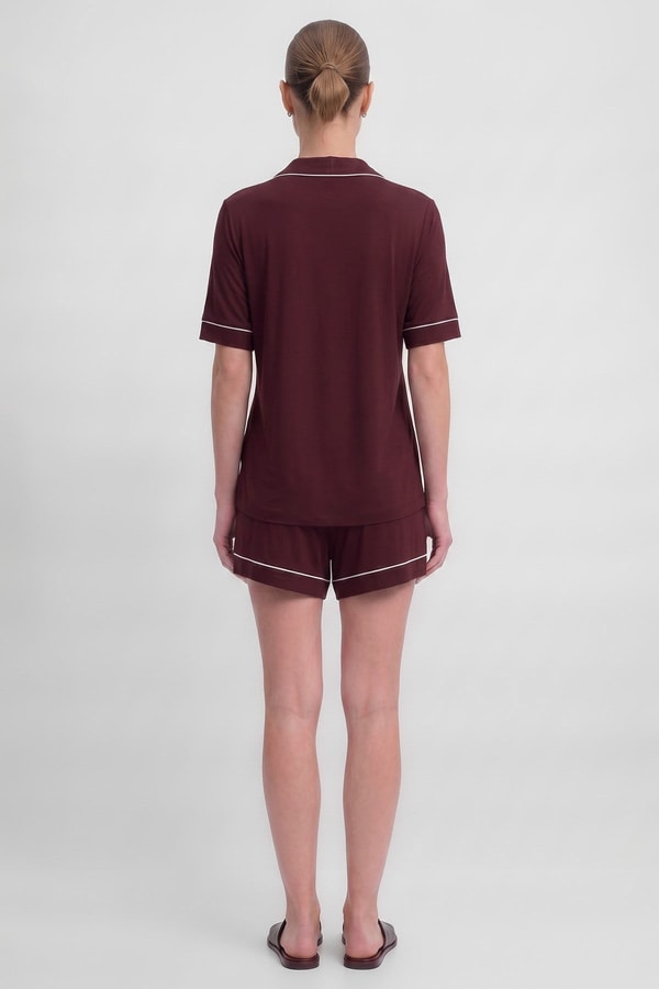 Mısırlı Kadın Bambu Pijama Gömlek Sort Takım Bordo