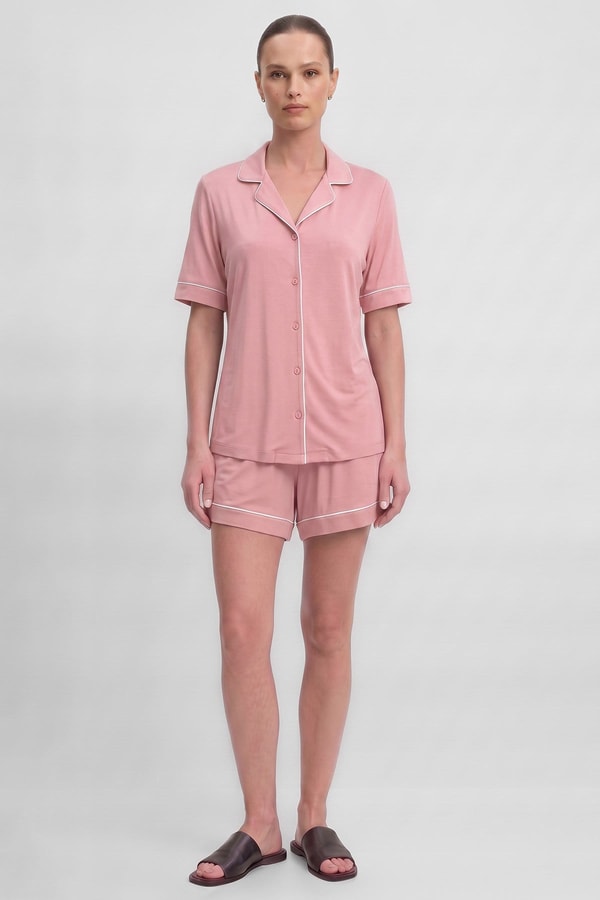 Mısırlı Kadın Bambu Pijama Gömlek Sort Takım Toz Pembe