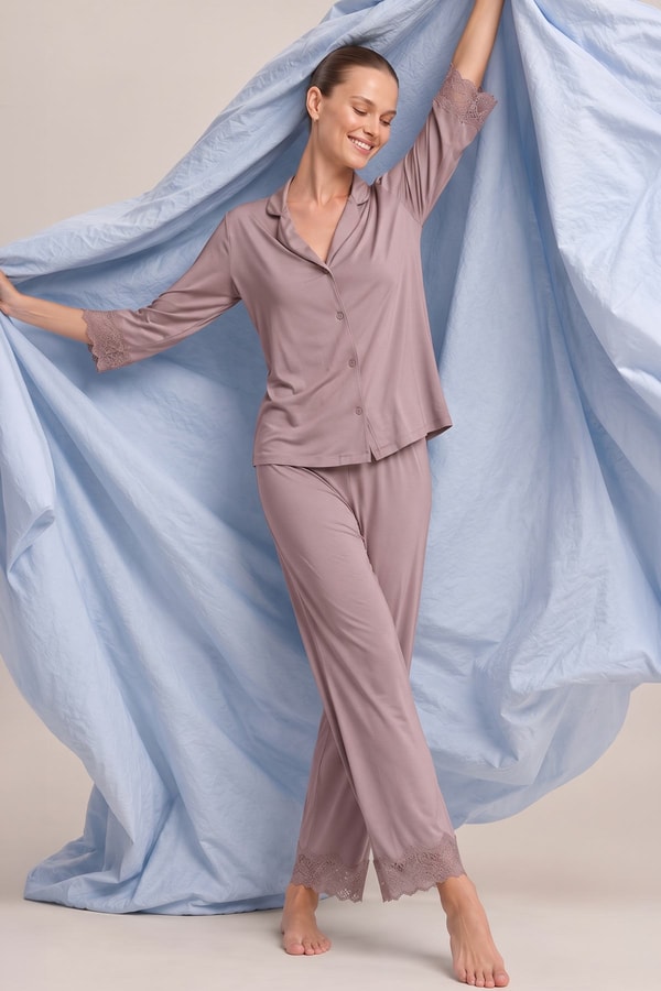 Mısırlı Kadın Bambu Pijama Takımı Kahverengi