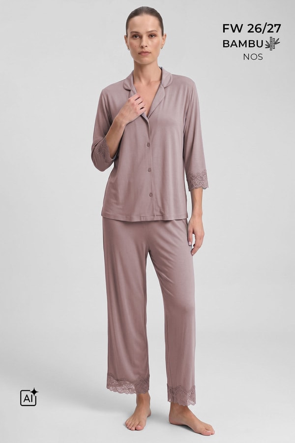 Mısırlı Kadın Bambu Pijama Takımı Kahverengi