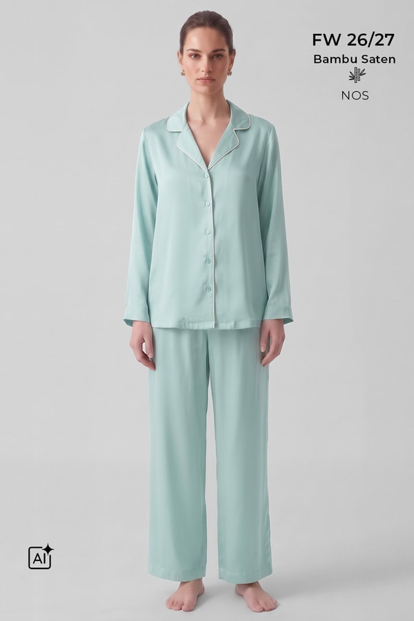 Mısırlı Kadın Bambu Saten Biye Detaylı Pijama Takımı Çağla Yeşili