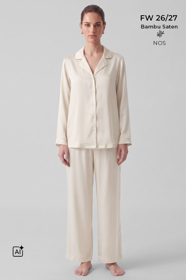 Mısırlı Kadın Bambu Saten Biye Detaylı Pijama Takımı Ekru