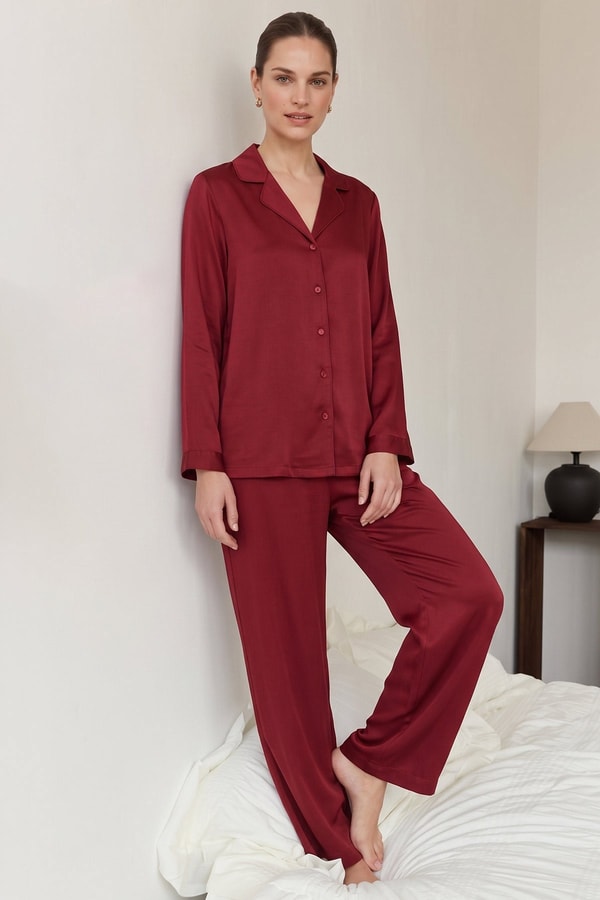 Mısırlı Kadın Bambu Saten Biye Detaylı Pijama Takımı Bordo