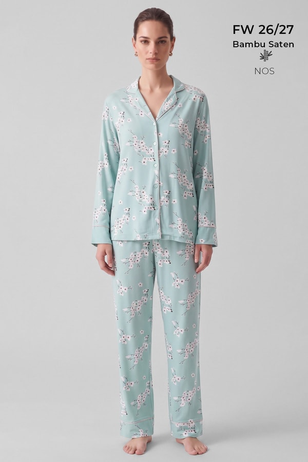 Mısırlı Kadın Bambu Saten Çiçekli Pijama Takımı Çağla Yeşili