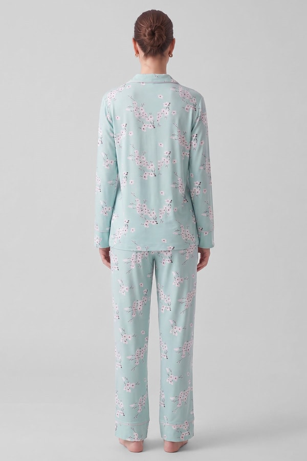 Mısırlı Kadın Bambu Saten Çiçekli Pijama Takımı Çağla Yeşili