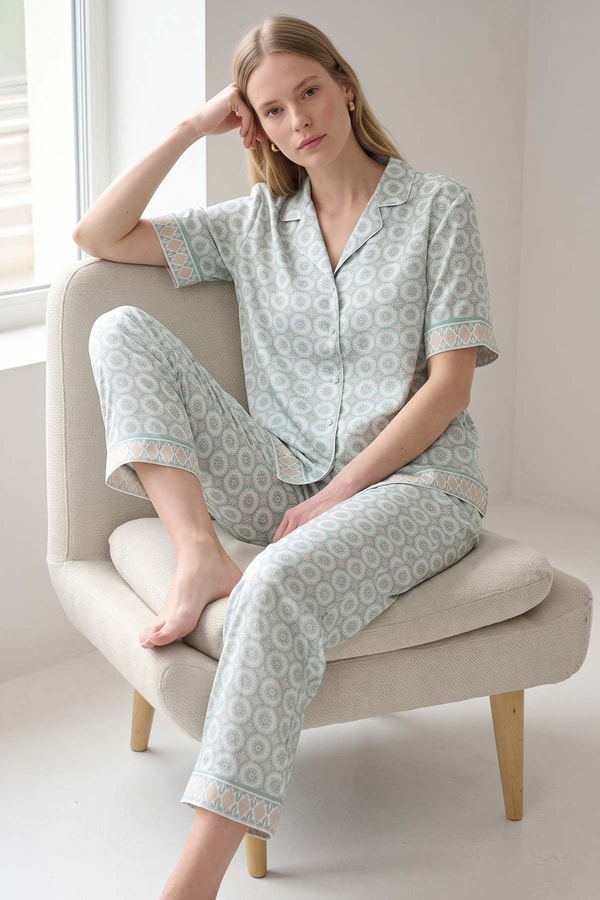 Mısırlı Kadın Bambu Saten Kısa Kol Pijama Takımı Çağla Yeşili