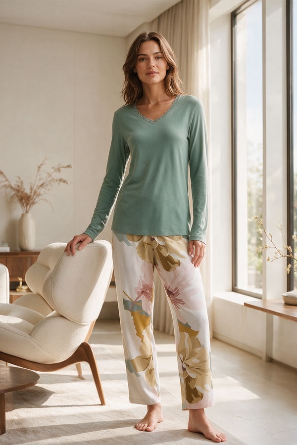 Mısırlı Kadın Bambu Sweatshirt Pijama İkili Takım Çağla Yeşili