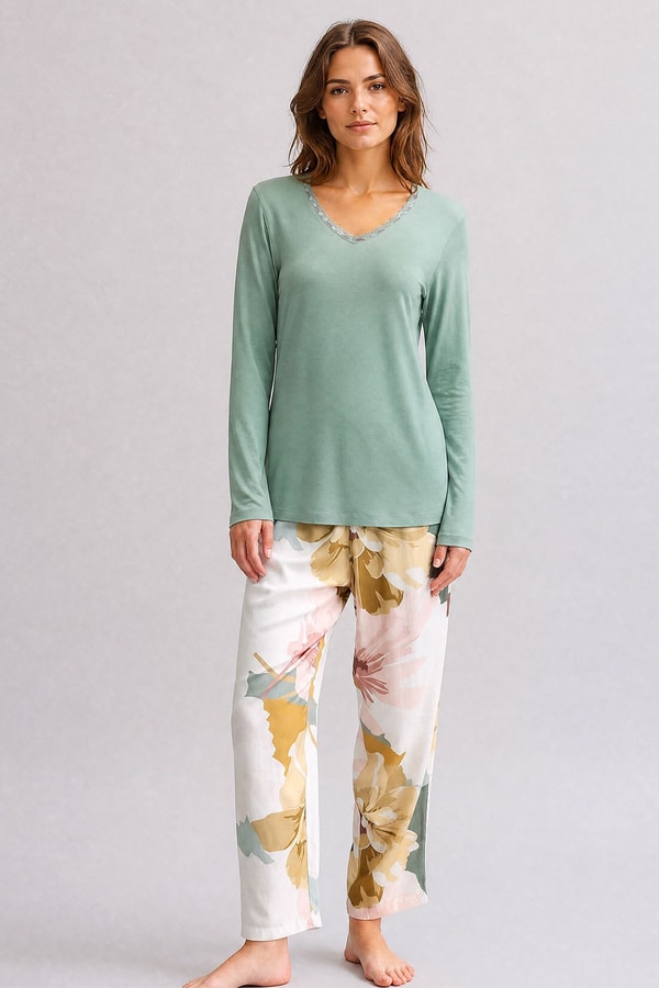 Mısırlı Kadın Bambu Sweatshirt Pijama İkili Takım Çağla Yeşili