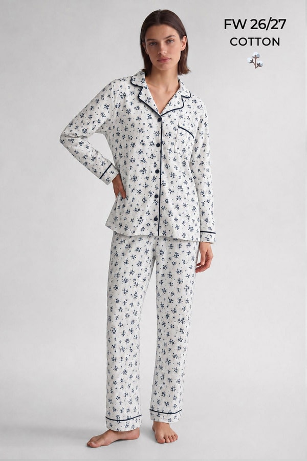 Mısırlı Kadın Düğmeli Çiçek Desenli Pijama Takım Lavender