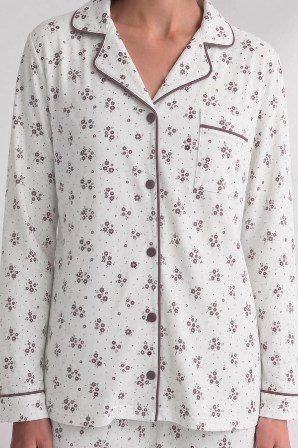 Mısırlı Kadın Düğmeli Çiçek Desenli Pijama Takım Vizon
