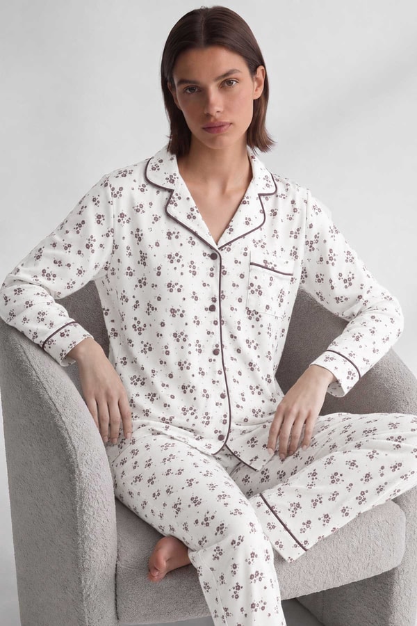Mısırlı Kadın Düğmeli Çiçek Desenli Pijama Takım Vizon