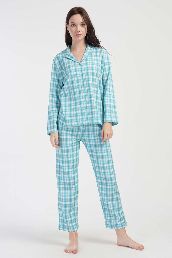 Mısırlı Kadın İki İplik Pamuklu Ekoseli Uzun Kollu Gömlek Pijama Takımı Mavi