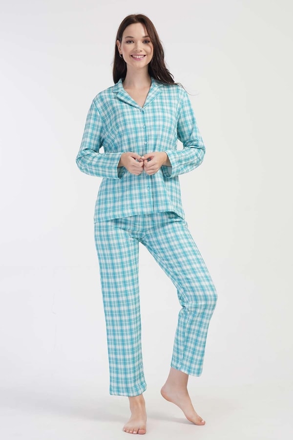 Mısırlı Kadın İki İplik Pamuklu Ekoseli Uzun Kollu Gömlek Pijama Takımı Mavi