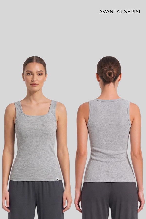 Mısırlı Kadın Kaşkorse Sırtı Kapalı Askılı Tshirt Gri Melanj