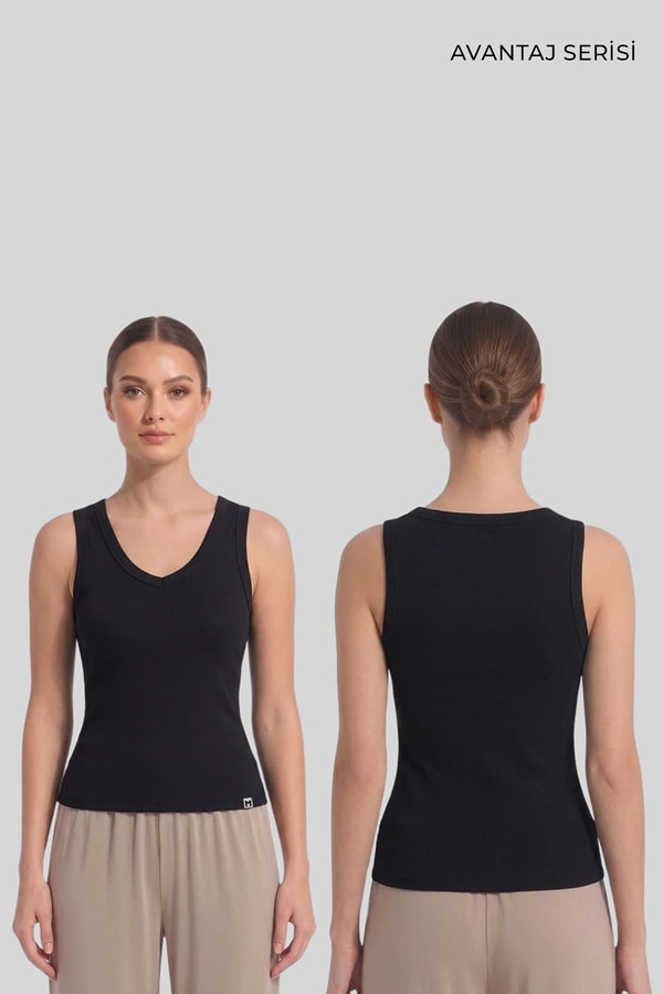 Mısırlı Kadın Kaşkorse V Yaka Tshirt Siyah