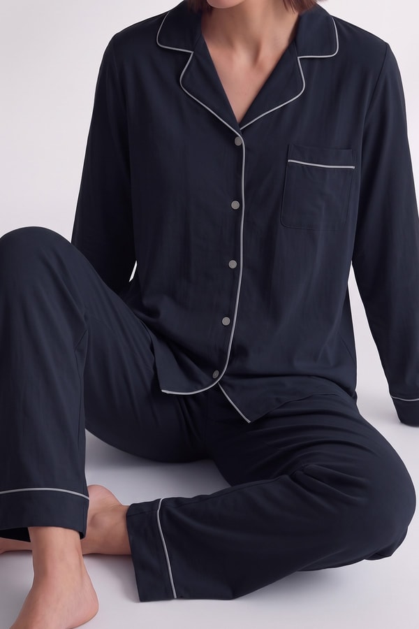 Mısırlı Kadın Modal Biye Detaylı Pijama Takım Lacivert