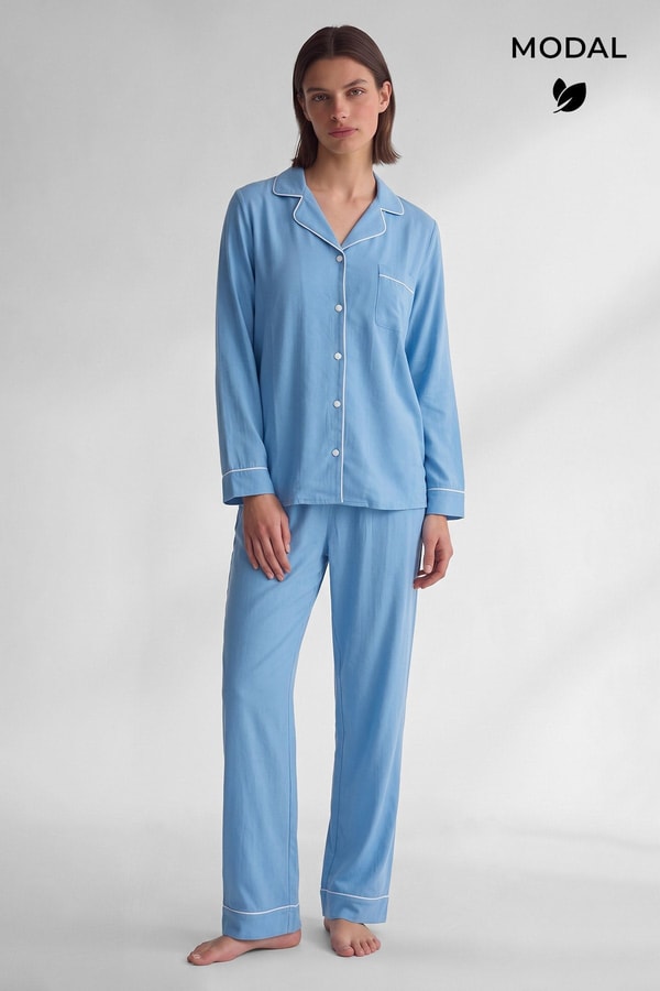 Mısırlı Kadın Modal Biye Detaylı Pijama Takım Mavi