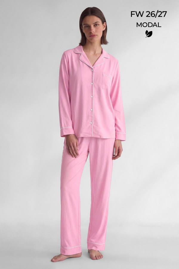 Mısırlı Kadın Modal Biye Detaylı Pijama Takım Açık Pembe