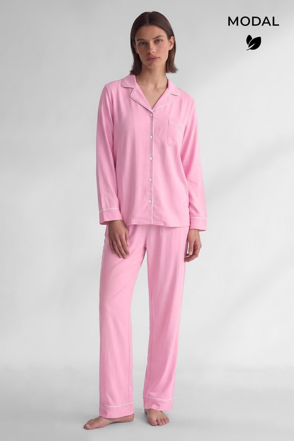 Mısırlı Kadın Modal Biye Detaylı Pijama Takım Pembe
