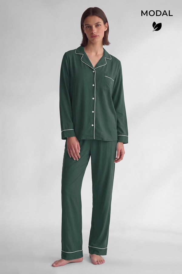 Mısırlı Kadın Modal Biye Detaylı Pijama Takım Yeşil