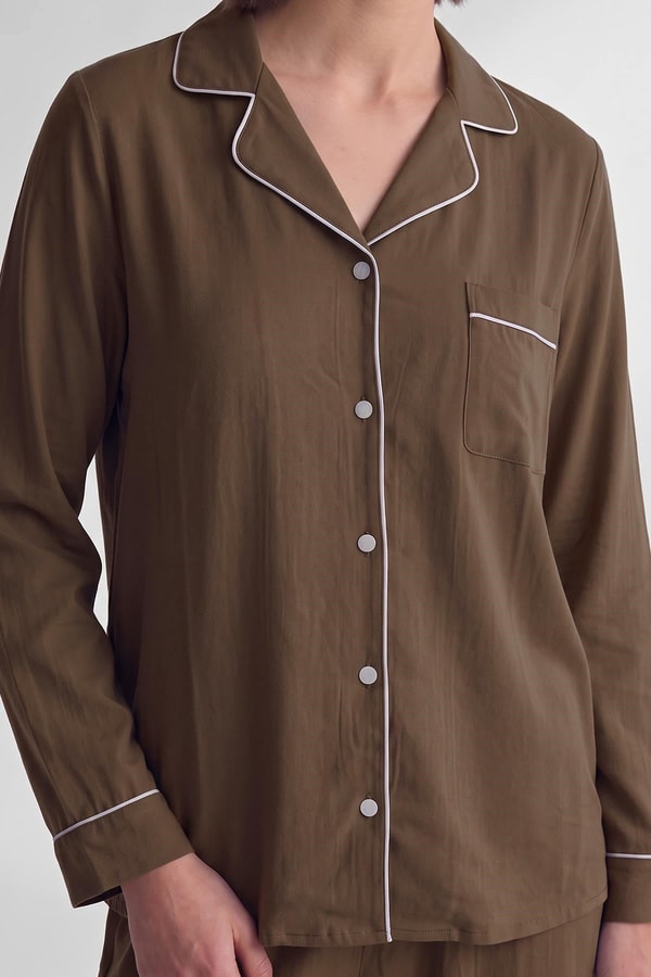 Mısırlı Kadın Modal Biye Detaylı Pijama Takım Kahverengi