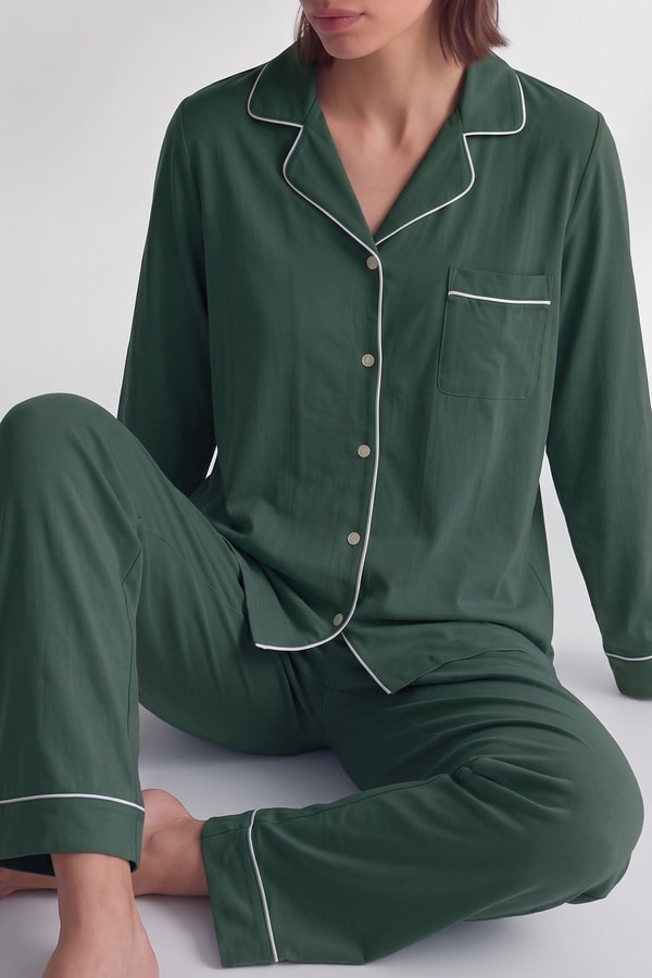 Mısırlı Kadın Modal Biye Detaylı Pijama Takım Yeşil